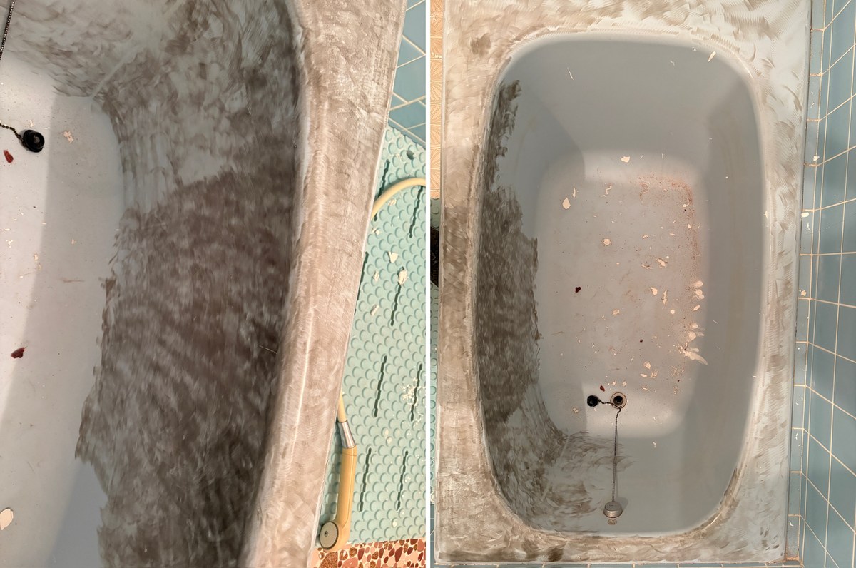 電動サンダーで削りすぎて黒ずみと斑になった浴槽（左:削り跡、右:全体）